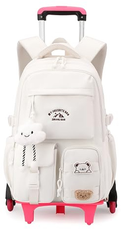 NIWEIYA Girls Boys Rolling Backpack with Wheels, Girls Backpack with Wheels for School, Kids Carry-on Luggage Wheeled School Bag Roller Trolley Bookbag, White