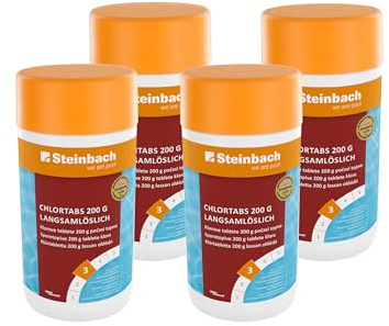 Steinbach Poolpflege Chlortabs 200 g langsamlöslich - 0752201TS - 4X 1 kg - pH-neutral & kalkfrei - Für Dauerdesinfektion - Rückstandsfreie Auflösung - Wirkt gegen Viren & Pilze & Trübstoffe