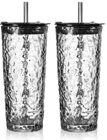 Puraville 2 Pack 550ml 18oz Glass Cups with Lids and Straws, Vintage Glacier Pattern Thickened Glassware for Whiskey Cocktail Beer, Mason Jar Drinking Glasses Tumbler Iced Coffee Cup, Black