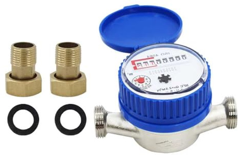 Contador de agua fría calibrada de 1/2 pulgadas con pantalla digital y puntero, contador de agua del grifo con accesorios de montaje y tapa protectora, contador de agua fría doméstica 0 – 40 °C