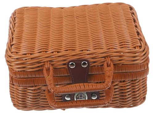 BAZEITFLOW Caja de Almacenamiento Vintage de Ratán Imitado con Asa Estuche Decorativo para Picnic Decoración y Organización