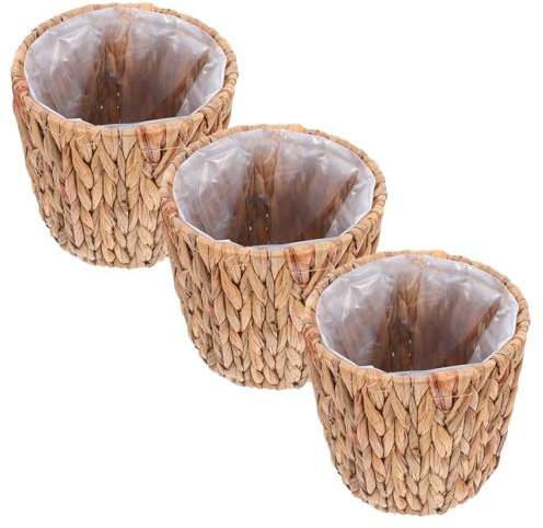 Grugoods Set of 3 Wicker Planter Basket Hand-Woven Natural Water Hyacinth Straw Garden Plant Pot Decorative Container for Plants Organizer Storage for Indoor or Outdoor (Small)