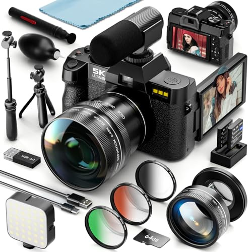 5K-Digitalkamera für Fotografie & Vlogging – 64 MP, 180°-Flipdisplay, 2 Akkus, 64 GB SD-Karte, 16-facher Zoom, WLAN, 3 Farbfilter, Mikrofon, Stativ & Weitwinkel-/Makro-Objektiv-Kit(Schwarz)