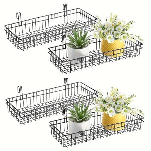 ZHOHO TANT 4 Pack Metal Grid Wall Baskets with Hooks, 15.75 x 6 x 2.36 Inch