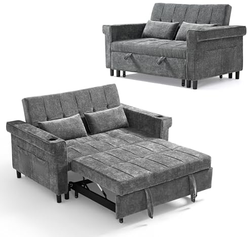 LINSY HOME 3-in-1 Schlafsofa, 2-Sitzer Sofa mit Schlaffunktion, Chenille Klappbares Schlafcouch mit Kissen, Seitentasche und Getränkehalter - Schlafbereich 120 x 190cm