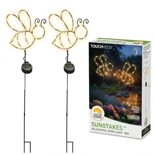 Touch Of ECO Outdoor Solar Powered LED Decorative Garden Stake Light - 2 Pack Warm White Bee Design - Great Decor for Yard, Patio, Lawn, Planter-Makes a Great Gift