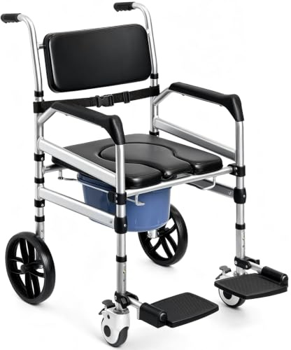 Rolling Shower Wheelchair 4-in-1 Commode Chair for Seniors Disabled | Heavy Duty 150kg Capacity,with 10 solid wheels & safety straps, multi-scene use for shower, bedside toilet & daily mobility