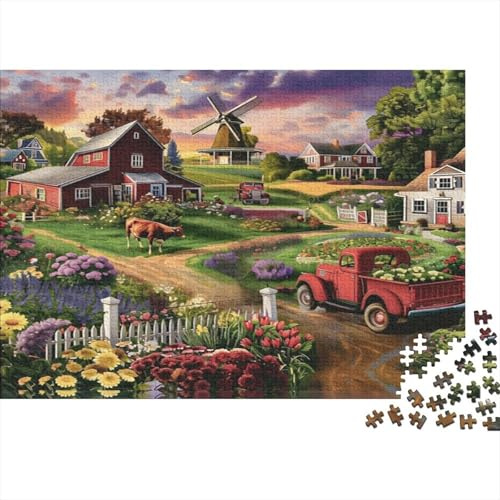 Flower Path Windmill House Jigsaw Puzzles 1000Pc Recycled Paper Adults & Age 12+ Soft Idyllic Landscape Puzzle Difficult Large Puzzle Fun Home Activity Great Gift for Killing Time 38x26cm/1000pcs