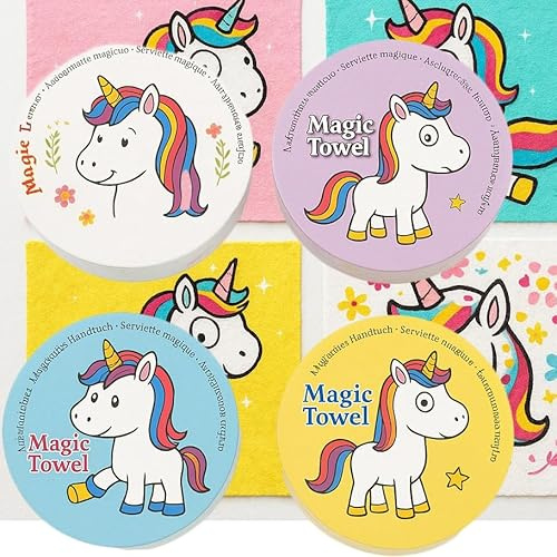 KAMACA 4er Set Magische Handtücher Baumwolle Zaubertuch für Kinder Zauberhandtuch Waschlappen Zaubertuch Mitgebsel Geschenkidee Kindergeburtstag Geschenk Reisen (4er Set Comic Einhorn)