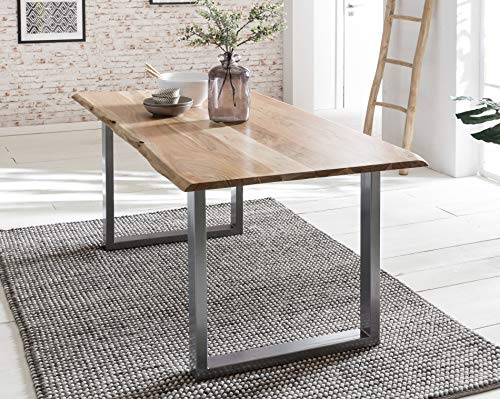 SalesFever Baumkanten-Tisch Salito 140x80 cm | Esszimmertisch aus massiver Akazie | Baum-Tisch Natur | Metall U-Gestell in Silber