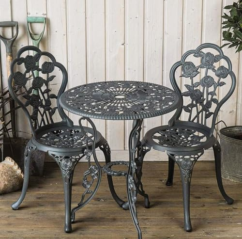 Lazy Susan London Rose Gartenmöbel-Set, rund, 2-Sitzer, Aluminiumguss, wetterfest, wartungsfrei, passende Bistro-Stühle, 3 Jahre Garantie, schiefergraue Oberfläche