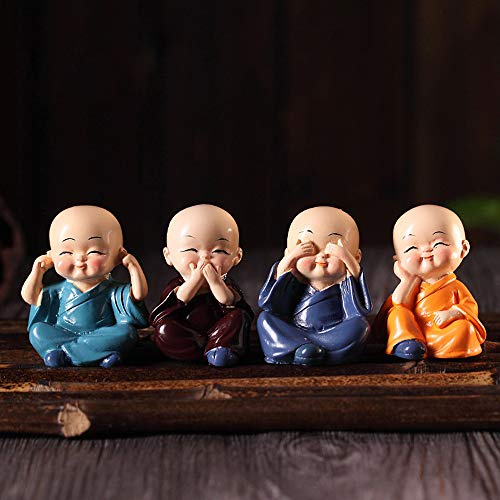 yu 4 Stücke Kleine Mönch Figuren, dekorativen Harzornamenten Mönchs, Dekofiguren für Auto, Vier kleine Buddha Mönche Figur