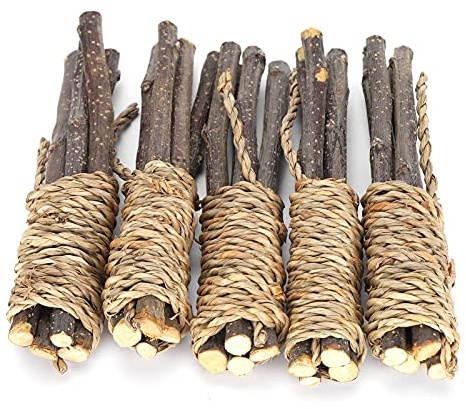 Petits Animaux à Mâcher Jouets, 5 Pièces Bâtons de Bois de Pommier Herbe Corde Molaire Jouets de Dentition pour écureuil Lapins Cobayes Chinchilla HamsterCigarettes et bâtonnets torsadés