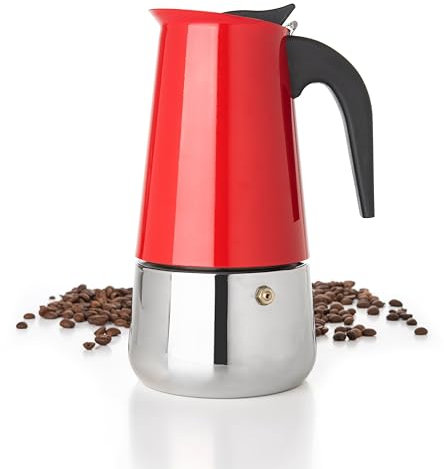 Mixpresso Red 6 Cup Greca Stovetop Espresso Pot 300ml/10oz, Moka Pot with Coffee Percolator Design, Stainless Steel Stove Top Coffee Maker for Camping or Home Use,Italian Stovetop Espresso Maker