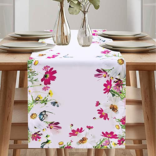 Leinenoptik Tischläufer Abwaschbar Tischläufer, Tischdecke Elegante Heimtextilien Tischläufer für Esszimmer Party Urlaub Dekoration(Blumen, 40 x 140 cm)