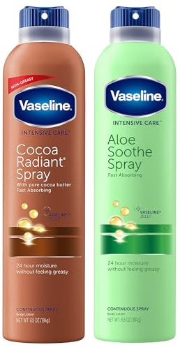 Vaseline Cocoa Radiant+ Aloe Soothe Spray Variety 2-Pack – Non-Greasy, Fast-Absorbing All-Over Moisturizer for Dry Skin, 6.5 Oz Ea