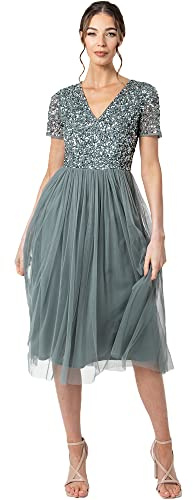 Maya Deluxe Abendkleid mit Pailletten - Cocktailkleid Damen mit V-Ausschnitt - Tüllkleid Damen mit Kurzen Ärmeln