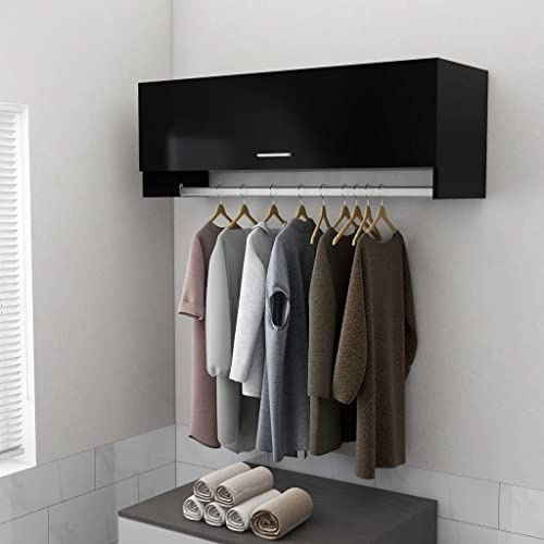 Wakects Armadietto Pensile, Armadio Compatto con Asta Appendiabiti, Mobiletto a Muro con 2 Scomparti e Ante per Camera da Letto Bagno Balcone 100 x 32,5 x 35 cm Nero