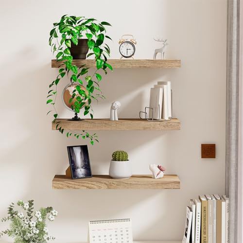 Juego de 3 estantes flotantes de madera, estantes rústicos montados en la pared, estante flotante decorativo de 40 cm de longitud, estantes de exhibición de pared con soportes invisibles para