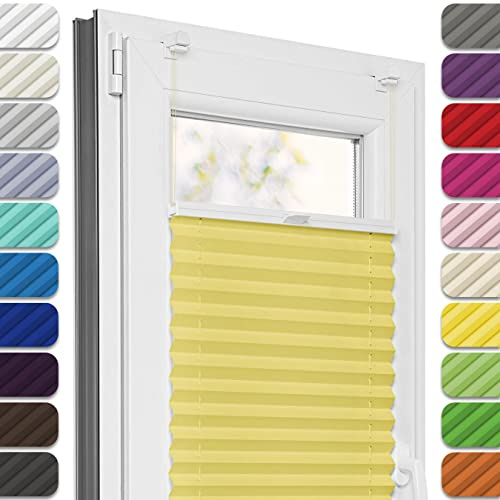 Estika Plissee ohne Bohren, Premium Klemmfix - 105cm Breite x 100cm Höhe - Gelb - Metal Plisseehalter ohne Bohren, Modern Sichtschutz für Fenster, Jalousien Fenster für innen