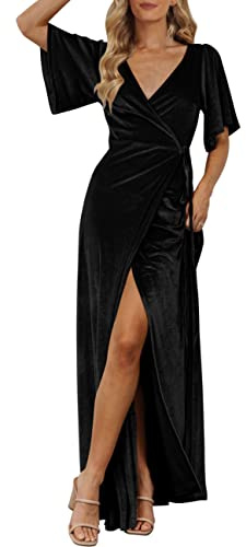 MEROKEETY Women's V Neck Wrap Velvet Maxi Wedding Guest Dress Bell Sleeve Split Bridesmaid Cocktail Party Formal Dresses, Black, L