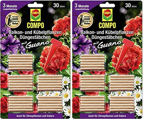 Compo Balkon- und Kübelpflanzen Düngestäbchen mit Guano 2er Pack | Dünger | 3 Monate Langzeitwirkung | 2 x 30 Stück (60 Stück)