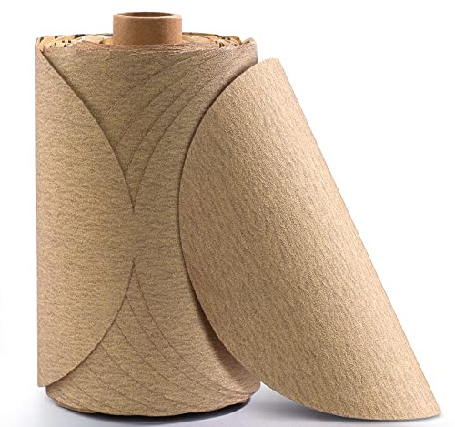 CowboyBOB 100 discos de lijado PSA dorados de 6 pulgadas, grano 180, papel de lija autoadhesivo, óxido de aluminio, papel de lija abrasivo para carpintería, madera, metal, rollo de disco de lijado