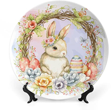 Gokays Easter Decorative Plates, Watercolor Bunny w/Flower Wreath & Eggs Ceramic Plate, Wobble-Plate with Display Stand, Home Decor for Living Room Dining Room, Wall Hanging Round Plate Sign 8