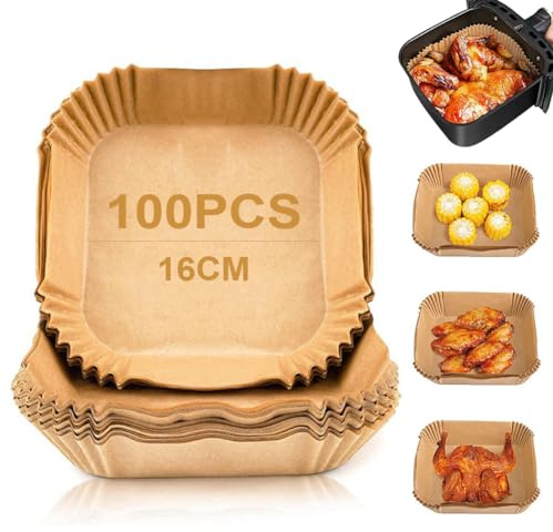 Youery Carta Forno Per Friggitrice Ad Aria 100 Pezzi, 16 x 16 x 4,5 cm Carta Air Fryer Quadrata,Antigrasso Antiaderente Fodera in Carta Monouso per Air Fryer, Forno, Padelle, Microonde