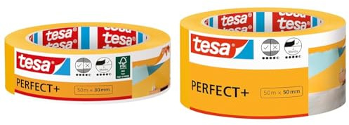tesa Malerband Perfect+ - Malerkrepp aus dünnem Washi-Papier - 50 m x 30mm & Malerband Perfect+ - Malerkrepp aus dünnem Washi-Papier zum präzisen Abkleben bei Malerarbeiten - 50 m x 50mm