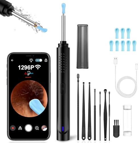 Ear Wax Removal, Ear Cleaner with Camera with 1296P, Earwax Removal kit with 9 Ear Pickand 8 Traditional Tools, Built-in WiFi lP67 Waterproof, Ear Cleaning Kit foriPhone,iPad,Android (Black)