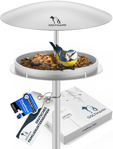 GOLTMANN® Ædel Vogelhaus mit Ständer Wetterfest | Vogelfutterhaus mit Ständer aus Rostfreiem Stahl, Stehend | Luxus Futterhaus für Vögel- Perfekt als Garten Deko oder Balkon Deko (grau)