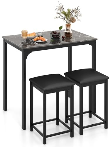 RELAX4LIFE Esstisch Set 3-teilig, Esszimmertisch mit 2 Gepolsterten Barhockern, Küchentischset mit Metallgestell, Essgruppe für 2 Personen, Esszimmergruppe für Küche & Esszimmer (Schwarz)