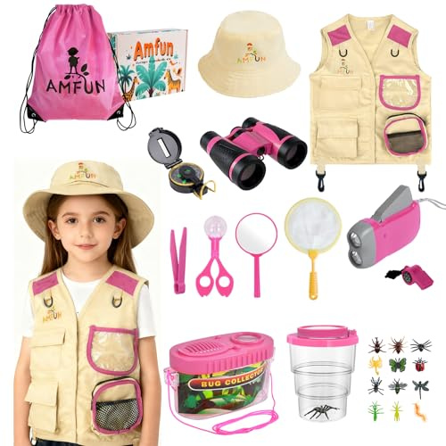 AMFUN 25 stycken utomhus utforskare kit för barn, kikare leksak för barn, ficklampa, förstoringsglas, ryggsäck