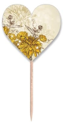 Gelbe Chrysanthemen-Zahnstocher, Flaggen, Herz-Etikett, Cupcake-Picks