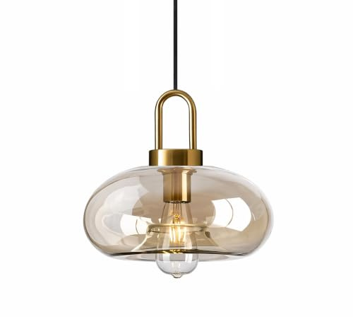 EKSED Bernsteinfarbene Glas Pendelleuchte - Vintage Messing Hängelampe mit verstellbarem Lampenschirm & E27 Fassung für Küche, Esszimmer & Schlafzimmer