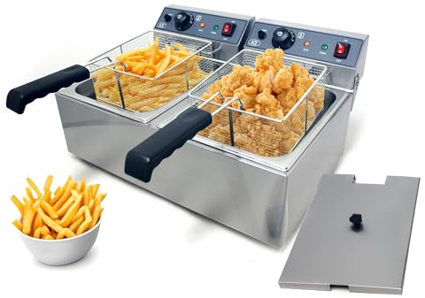 HAKKA Electric Deep Fryer,Commercial Deep Fryer 10L x 2 Dual Tank with Baskets & Independent Controls, Stainless Steel Restaurant Deep Fat Fryer for French Fries, Chicken, Fish & Chips