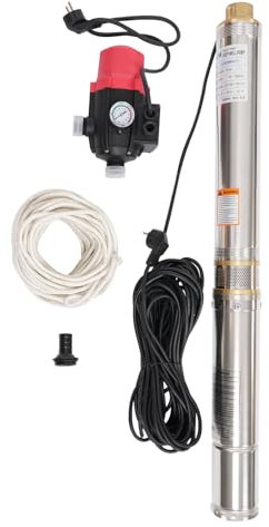 Bomba sumergible para pozos profundos, 750 W, de acero inoxidable, con interruptor de presión, caudal máx. 6300 l/h, altura de extracción máx. 70 m, longitud del cable 20 m para pozos, riego de