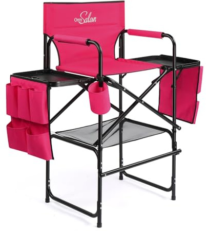 OmySalon Tall Folding Directors Chair with Side Table Storage Bag, Aluminum Frame 300 lbs Capacity, Portable Makeup Artist Bar Height, 19.7 D x 24.6 W x 45.7 H(Rose Red)