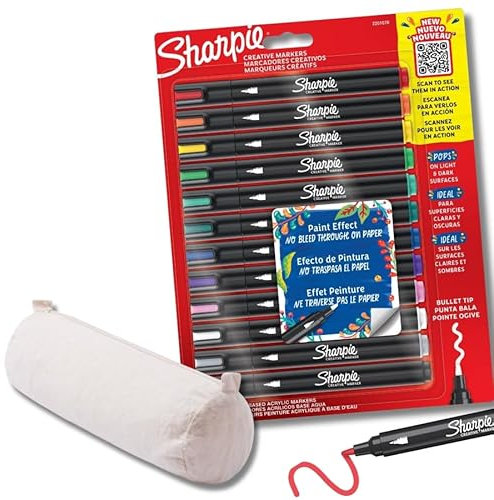 SHARPIE Creative Marker Acryl-Farbstifte | Rundspitze | 12 Stück + Federmäppchen aus Baumwolle zur Personalisierung