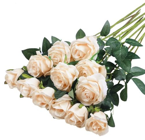 PacuM 12 Stück Künstliche Rosen Seidenblumen Fake Rose 51 * 7cm Einzelne Langstielige Künstliche Rosen Realistische Kunstrosen für Brautstrauß Heiratsantrag Party Haus Garten Dekor (Sekt)