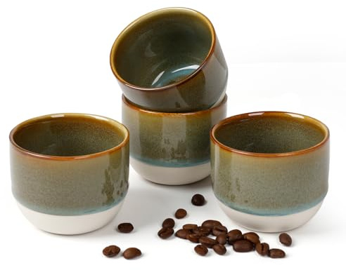 NOVAJOY Lot de 4 tasses à expresso | 140 ml | Mini tasse à expresso – Fabriqué à la main à paroi épaisse | Tasses en faïence de qualité supérieure | Sans anse | Tasses à café | Moka | Cadeau au design