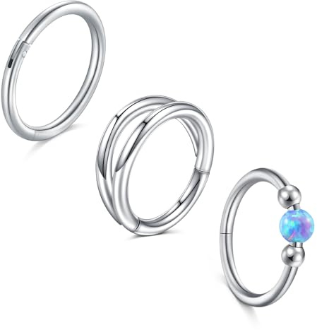 LAURITAMI 3PCS Nose Rings Hoops 18G Stainless Steel Opalite Nose Rings Sliver for Women Double Nose Hoop 10mm Septum Rings Clicker for Cartilage Daith Helix Tragus Conch Piercing Jewelry