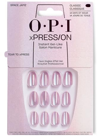 OPI xPRESS-ON Space Jamz - Sparkling Pink Short and Round Shaped Press On Nails - With Nail Glue - Long Lasting, Reusable and Non-Damaging False Nails