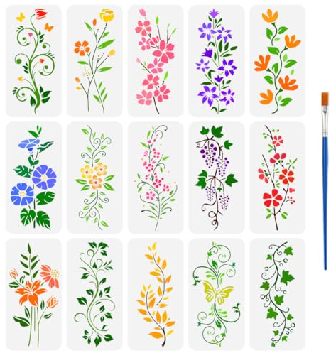 FINGERINSPIRE 15 Stück Blumen Ranken Und Bordüren Schablonen 15 Stile Bordüren Schablonen Mit Einem Pinsel 30x15cm Blätter Und Trauben Bordüren Schablone Pflanzenmotiv Vorlage Für Inneneinrichtung
