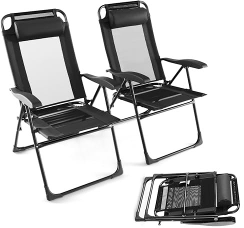 Klappbare Terrassenstühle für den Außenbereich, verstellbar, hohe Rückenlehne, Liegestühle mit Kopfstütze, gebogene Armlehnen, tragbar, Camping, Decksitze für Pool, Strand, Schwarz, 2 Stück