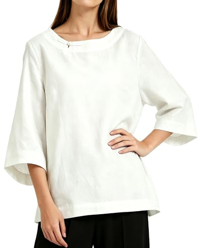 FTCayanz Bluse Damen Sommer Leinenbluse Elegant 3/4 Ärmel Strand Tunika Tops Lässig Oberteile T-Shirts Weiß M