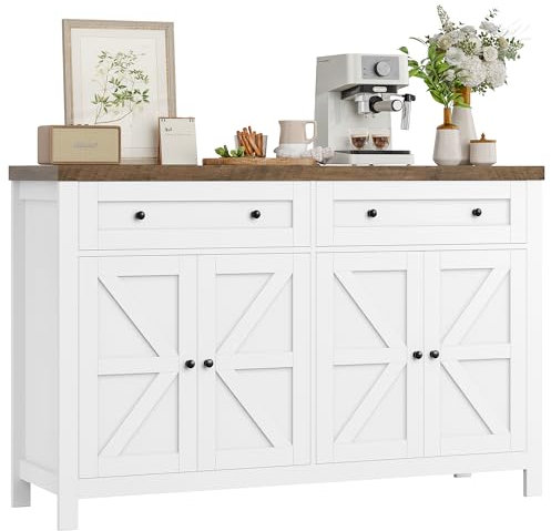 HOCSOK Sideboard, 140 cm Breit Küchenschrank mit Verstellbaren Regalen, Buffetschrank mit 2 Schubladen 4 Türen, Küchenbuffet für Wohnzimmer, Küche, Flur, Weiß