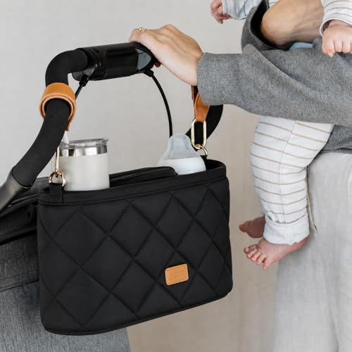 Beautiful Stroller Caddy Organizer With 2 Cup Holders – Luxury Stroller Bag, Universal Fit, Leather Straps & Zipper Pocket – Spacious Accessories Perfectly Fits Doona, Nuna & Uppababy Strollers