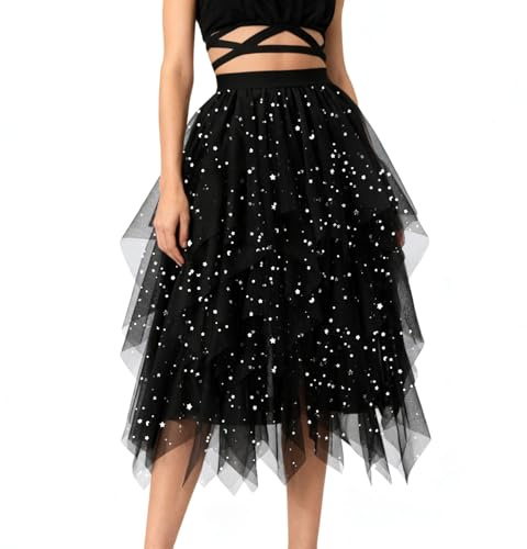 Montrestar Jupes en tulle pour femme, jupe taille haute A-ligne, jupe bouffante superposée haute-basse, jupe en tulle irrégulière élégante longue pour l'été, jupe en maille multicouche pour bal de